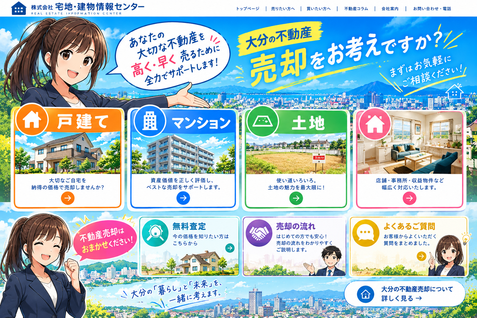 大分の不動産売却を案内する漫画風の選択画面